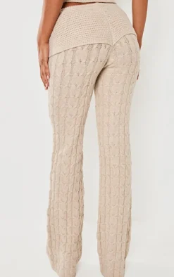 Hot PrettyLittleThing Marl Textured Knit Foldover Wide Leg Pants Oatmeal