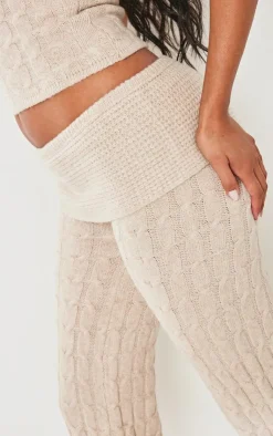 Hot PrettyLittleThing Marl Textured Knit Foldover Wide Leg Pants Oatmeal