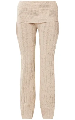 Hot PrettyLittleThing Marl Textured Knit Foldover Wide Leg Pants Oatmeal