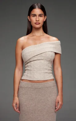 PrettyLittleThing Marl Textured Knit Foldover Bandeau Top Oatmeal