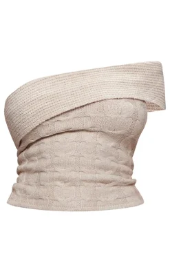 PrettyLittleThing Marl Textured Knit Foldover Bandeau Top Oatmeal