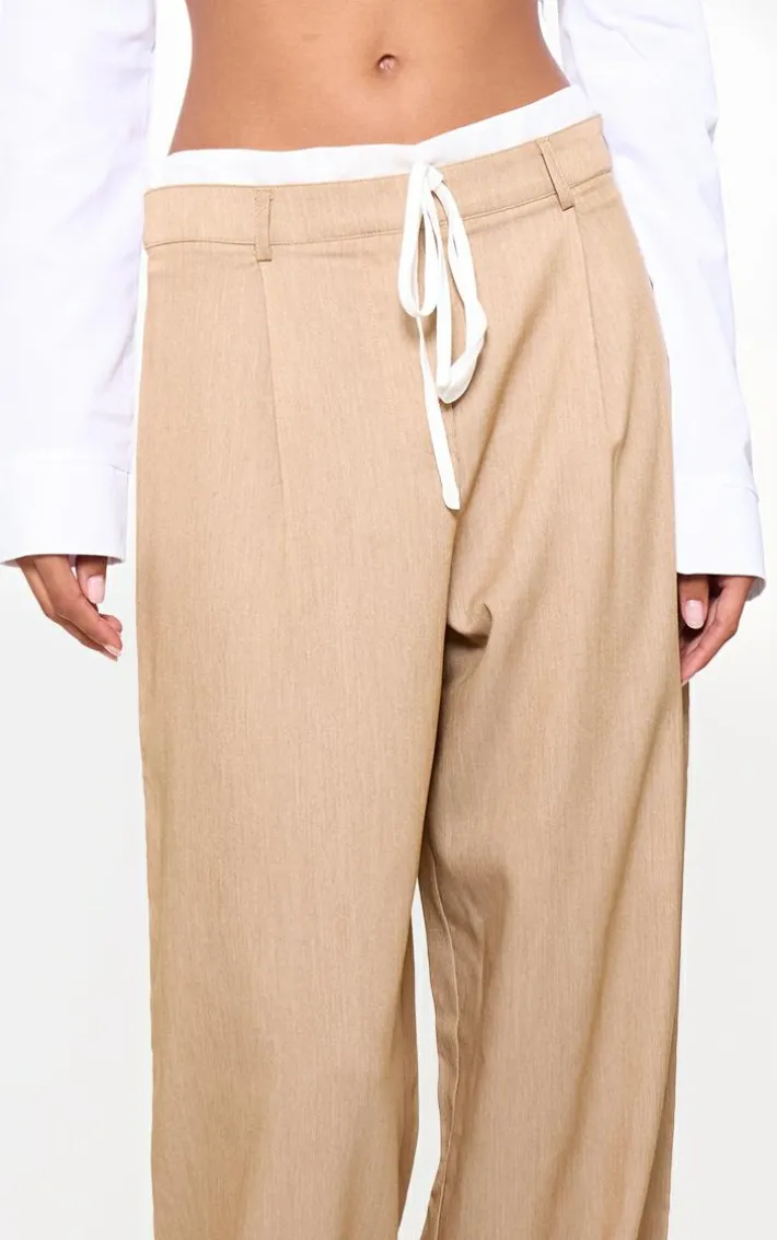Oatmeal Marl Woven Double Waistband Tailored Pants