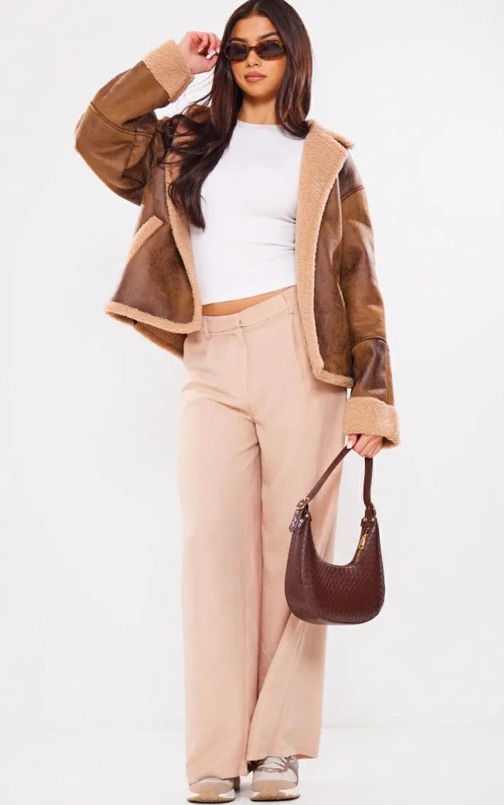 Oatmeal Marl Woven Pleat Front Straight Leg Tailored Pants