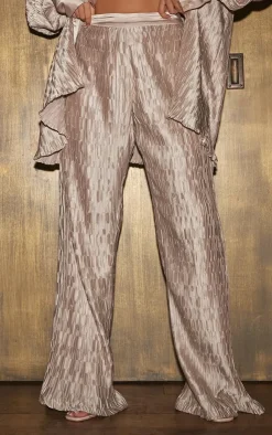 Hot PrettyLittleThing Plisse Wide Leg Pants Oatmeal