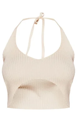 PrettyLittleThing Knitted Tops*Rib Knit Cut Out Halterneck Top