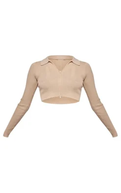 PrettyLittleThing Knitted Tops*Rib Knit Zip Up Cropped Top