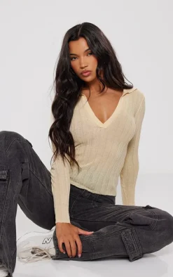 PrettyLittleThing Knitted Tops*Sheer Rib Knit V Neck Long Sleeve Top