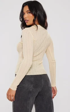 PrettyLittleThing Knitted Tops*Sheer Rib Knit V Neck Long Sleeve Top