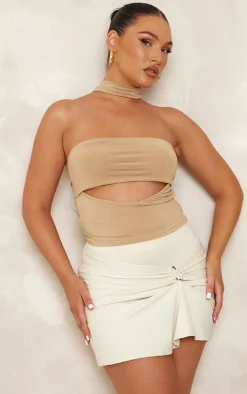 Oatmeal Side Ruched Buckle Detail Mini Skirt