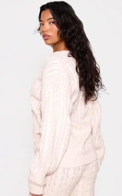 PrettyLittleThing Soft Cable Knit Button Up Oversized Cardigan Oatmeal