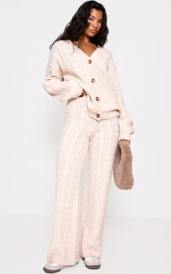 PrettyLittleThing Soft Cable Knit Button Up Oversized Cardigan Oatmeal