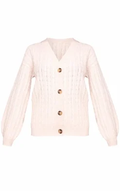 PrettyLittleThing Soft Cable Knit Button Up Oversized Cardigan Oatmeal