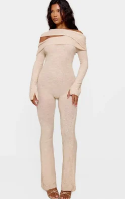 PrettyLittleThing Knitted Loungewear*Soft Knit Bardot Foldover Asymmetric Neck Jumpsuit