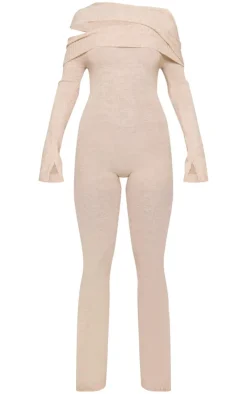 PrettyLittleThing Knitted Loungewear*Soft Knit Bardot Foldover Asymmetric Neck Jumpsuit