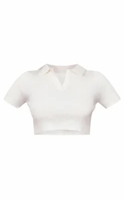 PrettyLittleThing Soft Knit Collar Detail Open Back Top Oatmeal