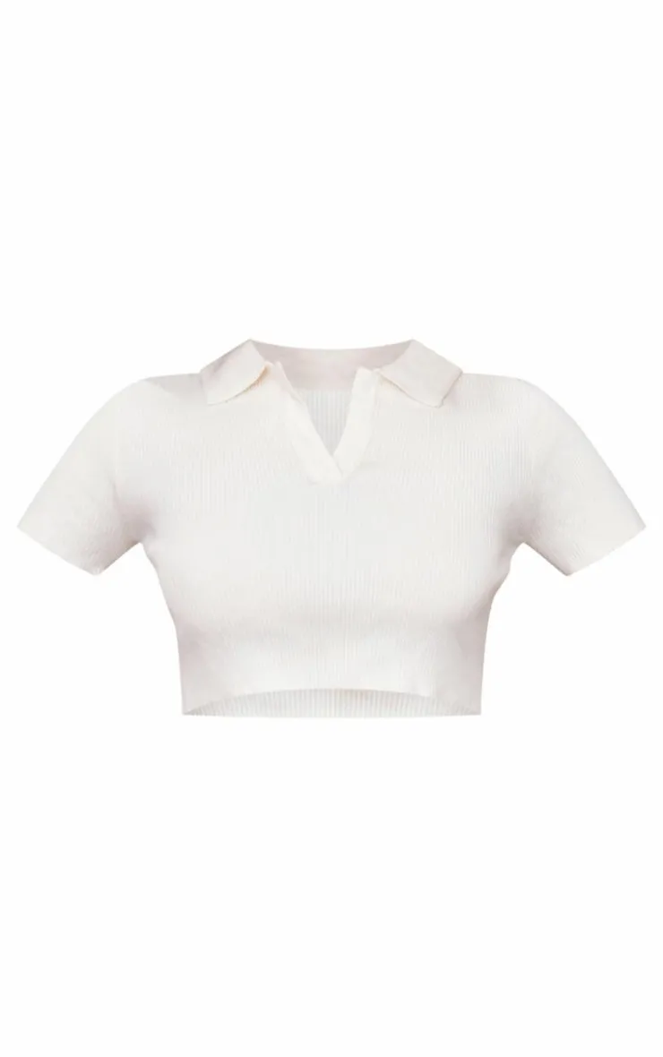 PrettyLittleThing Soft Knit Collar Detail Open Back Top Oatmeal