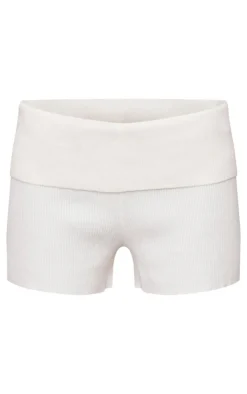 Hot PrettyLittleThing Soft Knit Fold Over Mini Shorts Oatmeal