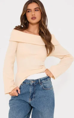 PrettyLittleThing Knitted Tops*Soft Rib Knit Bardot Foldover Long Sleeve Top