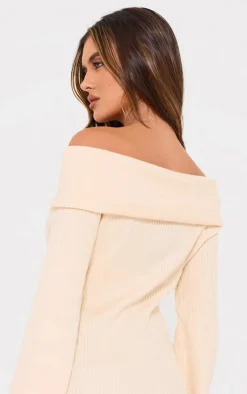 PrettyLittleThing Knitted Tops*Soft Rib Knit Bardot Foldover Long Sleeve Top