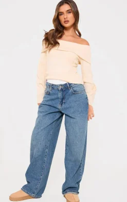 PrettyLittleThing Knitted Tops*Soft Rib Knit Bardot Foldover Long Sleeve Top