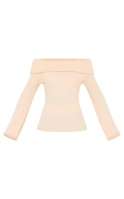 PrettyLittleThing Knitted Tops*Soft Rib Knit Bardot Foldover Long Sleeve Top