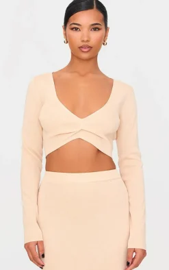 Best PrettyLittleThing Soft Rib Knit Twist Front Long Sleeve Top Oatmeal