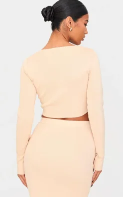 Best PrettyLittleThing Soft Rib Knit Twist Front Long Sleeve Top Oatmeal