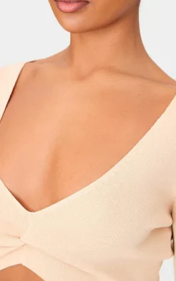 Best PrettyLittleThing Soft Rib Knit Twist Front Long Sleeve Top Oatmeal