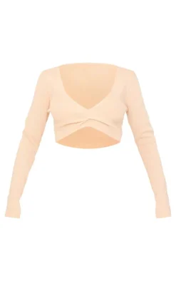 Best PrettyLittleThing Soft Rib Knit Twist Front Long Sleeve Top Oatmeal