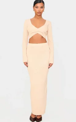 Outlet PrettyLittleThing Soft Rib Knitted Maxi Skirt Oatmeal