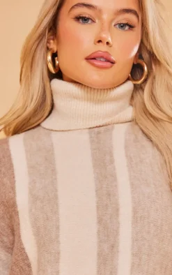 PrettyLittleThing Knitted Two Piece Sets*Stripe Color Block Knit Roll Neck Sweater