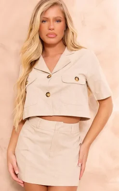Discount PrettyLittleThing Structured Linen Look Tailored Mini Skirt Oatmeal
