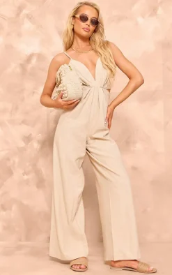 Oatmeal Structured Linen Twist Detail Strappy Wide Leg Jumpsuit