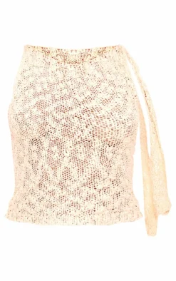 Online PrettyLittleThing Textured Crochet Knit Tie Neck Top Oatmeal