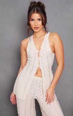 Online PrettyLittleThing Textured Rib Longline Vest Oatmeal