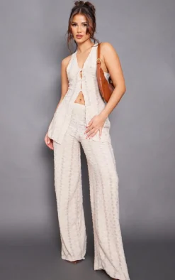 Online PrettyLittleThing Textured Rib Mid Rise Split Hem Wide Leg Pants Oatmeal