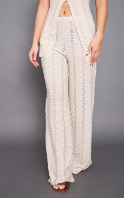 Online PrettyLittleThing Textured Rib Mid Rise Split Hem Wide Leg Pants Oatmeal