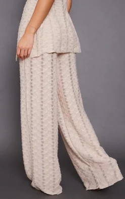 Online PrettyLittleThing Textured Rib Mid Rise Split Hem Wide Leg Pants Oatmeal