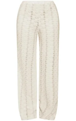 Online PrettyLittleThing Textured Rib Mid Rise Split Hem Wide Leg Pants Oatmeal