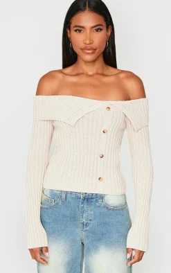 PrettyLittleThing Knitted Tops*Thick Rib Bardot Foldover Button Up Top