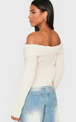 PrettyLittleThing Knitted Tops*Thick Rib Bardot Foldover Button Up Top
