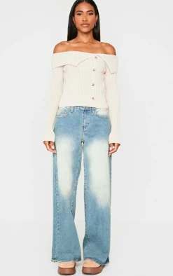 PrettyLittleThing Knitted Tops*Thick Rib Bardot Foldover Button Up Top