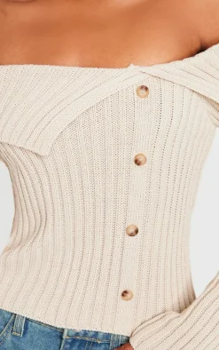 PrettyLittleThing Knitted Tops*Thick Rib Bardot Foldover Button Up Top