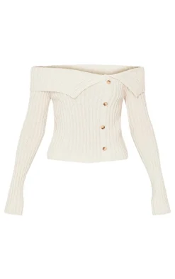PrettyLittleThing Knitted Tops*Thick Rib Bardot Foldover Button Up Top