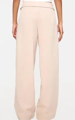 Oatmeal Turnover Waistband Detail Wide Leg Tailored Pants