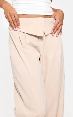Oatmeal Turnover Waistband Detail Wide Leg Tailored Pants