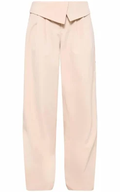 Oatmeal Turnover Waistband Detail Wide Leg Tailored Pants