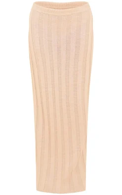 Outlet PrettyLittleThing Wide Rib Textured Knit Maxi Skirt Oatmeal