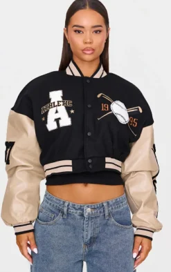 PrettyLittleThing Wool Coats*Wool Look Graphic Front Cropped Bomber Jacket