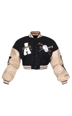 PrettyLittleThing Wool Coats*Wool Look Graphic Front Cropped Bomber Jacket